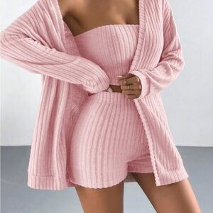 Pink Ribbed Knit Cardigan and Shorts Set